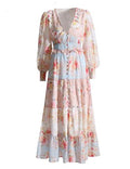 Colorblock Printing Sheer Mesh Dresses For Women V Neck Lantern Sleeve High Waist Elegant Dress Female Fashion