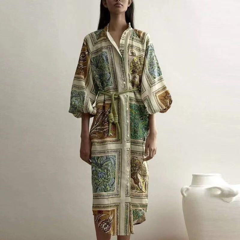 Floral Printed Blouse Dress Women Single Breasted Lantern Sleeve Casual Autumn Spring Clothes Midi Dresses Chic Dresses