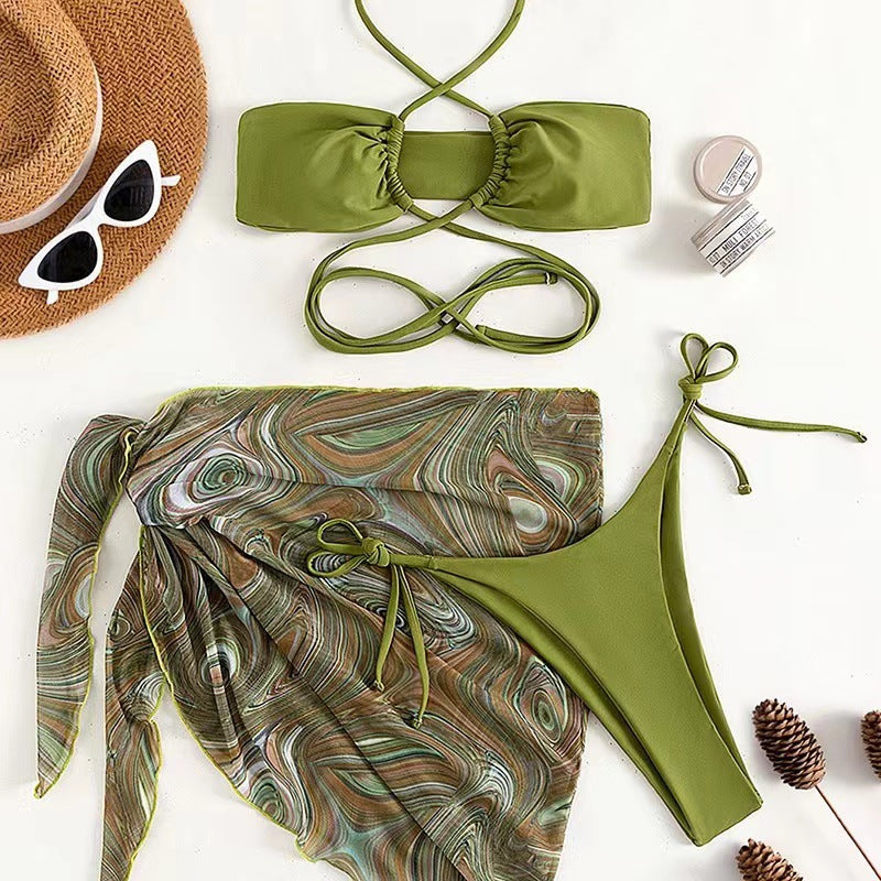 Printed three piece bikini set