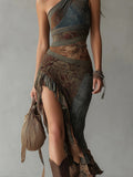 Boho Patchwork Asymmetric Slip Dress With High Slit