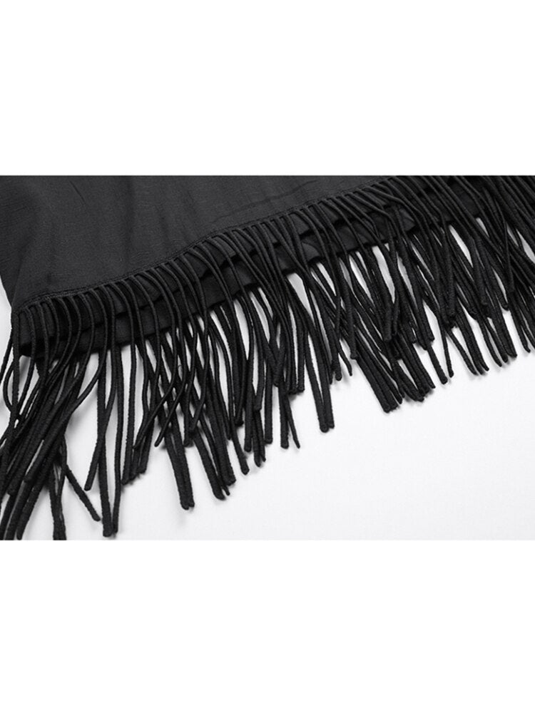 Fringed Hem Black Shirt Womens Spring And Summer Design Retro Hong Kong Style Thin Section Long-sleeve Tassel Blouse Female Top