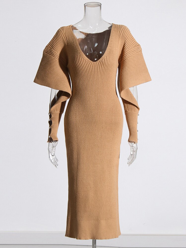 Hollow Out Knitted Dress For Women V Neck Long Sleeve Solid Color 2023 Autumn New Pullover Dresses