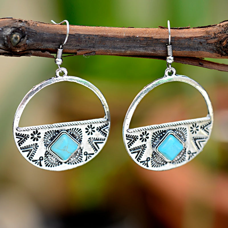 Women's Gothic Bohemia Boho Gypsy Faux Turquoises Round Carved Earrings Jewelry