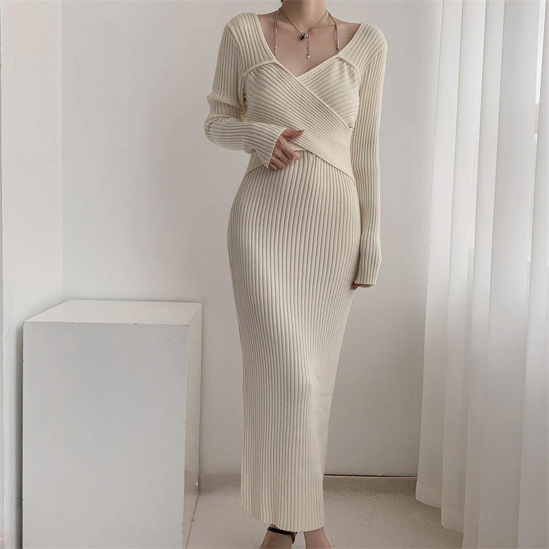Knitting Sweater Dress Slim Bodycon  V Neck Lady Casual Knitwear Dresses