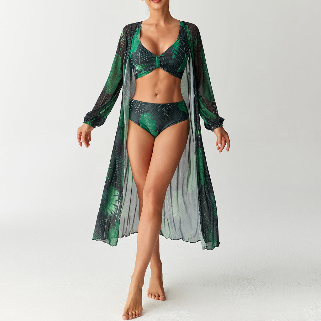 Swimwear Women's Split Three Piece Set High Waist Long Sleeve Hoodie Swimsuit