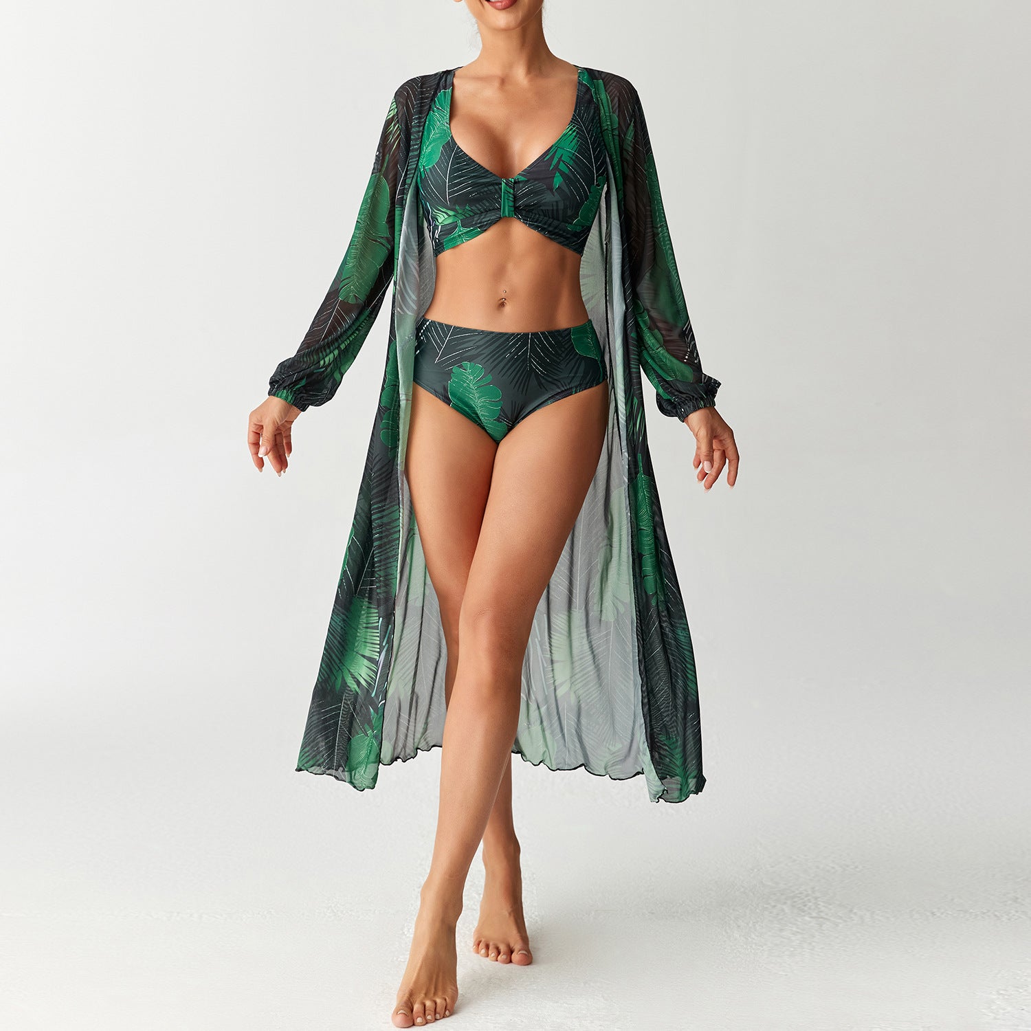 Swimwear Women's Split Three Piece Set High Waist Long Sleeve Hoodie Swimsuit