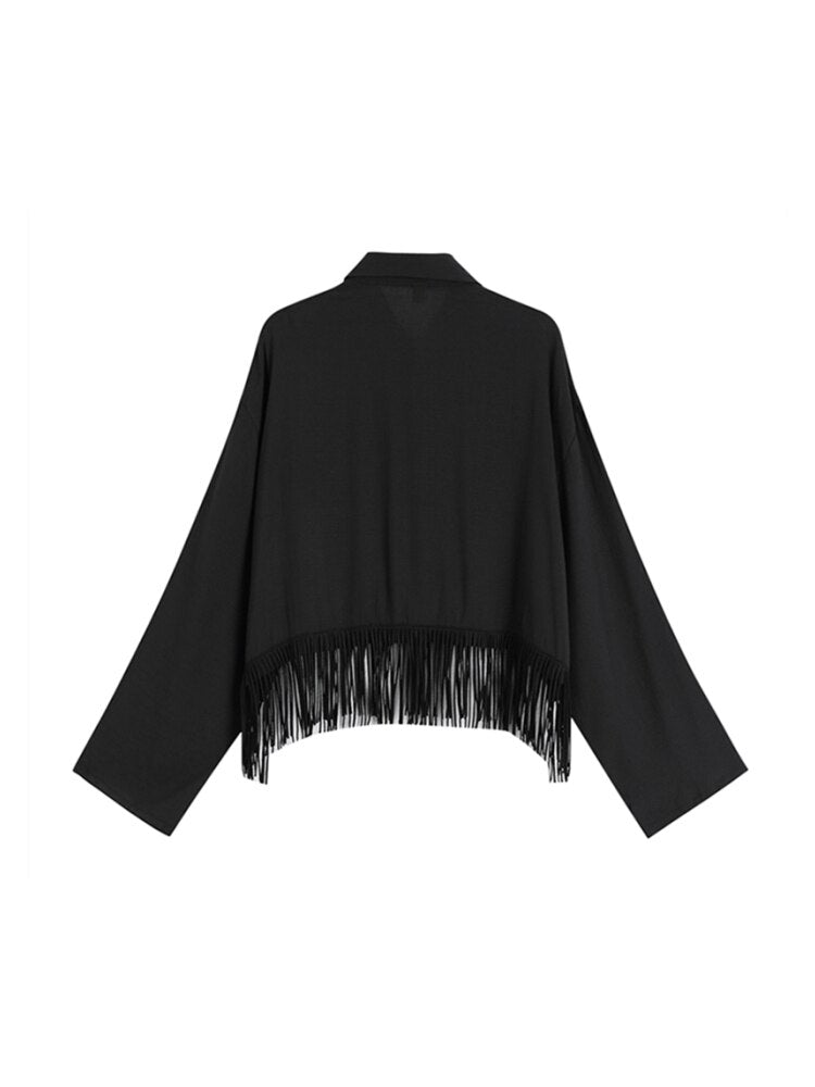 Fringed Hem Black Shirt Womens Spring And Summer Design Retro Hong Kong Style Thin Section Long-sleeve Tassel Blouse Female Top