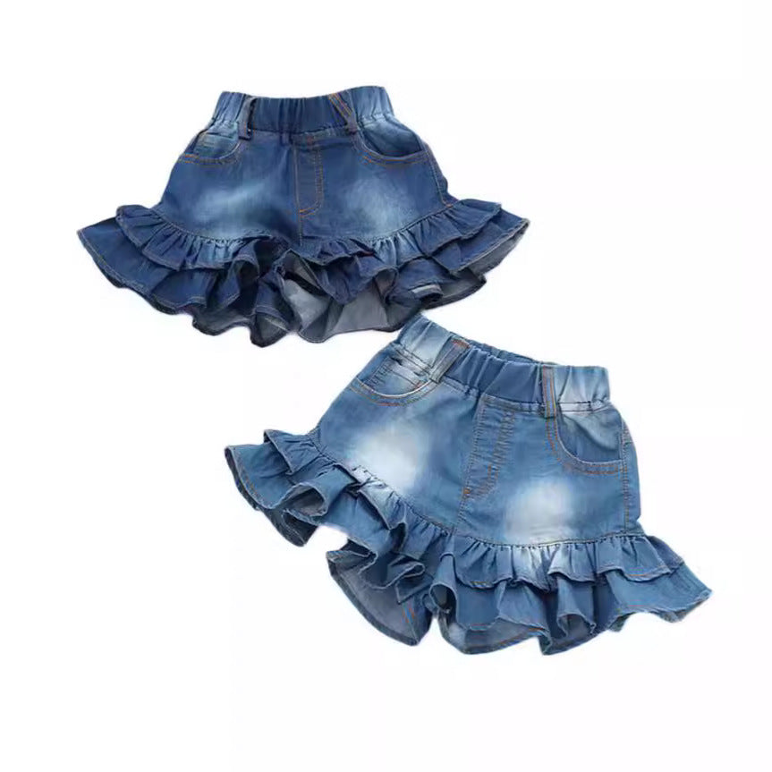 Double layer black fungus edge girls' denim shorts