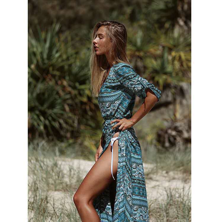 Boho Print V-Neck Maxi Dress With Elastic Waist