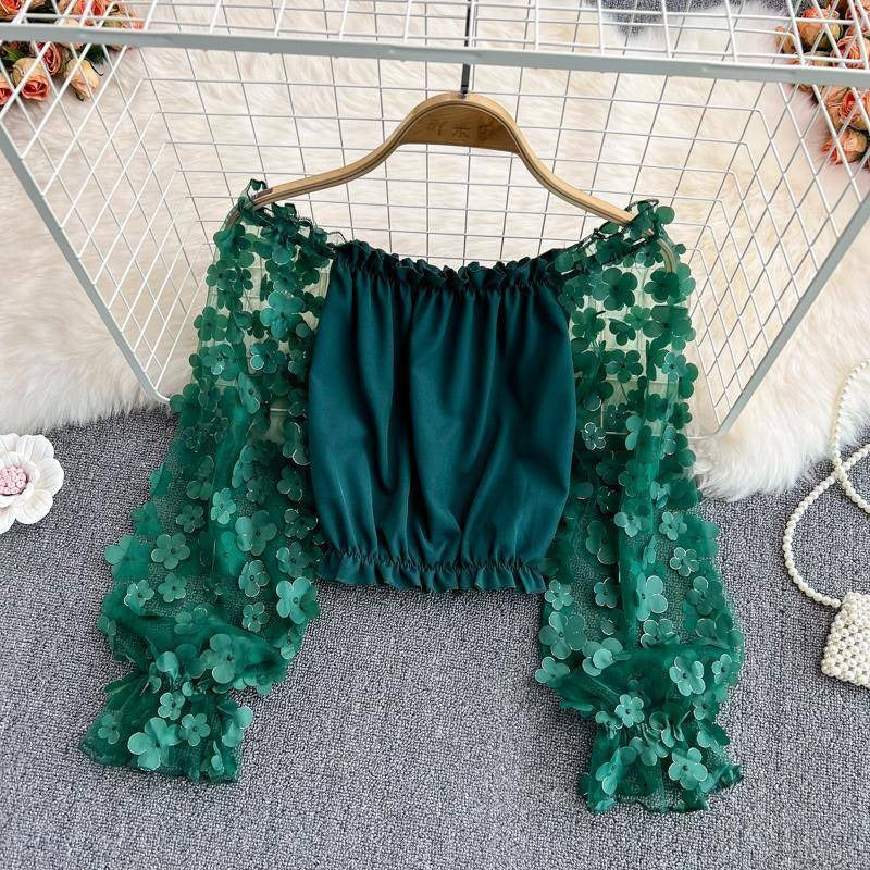 Off Shoulder Three Dimensional Flower Perspective Mesh Patchwork Chiffon Shirt for Womens Loose Waist Short Off Shoulder Top