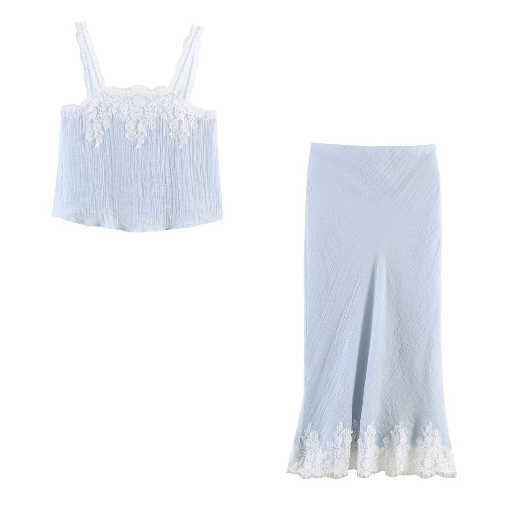 Lace lingerie style top+lace skirt set