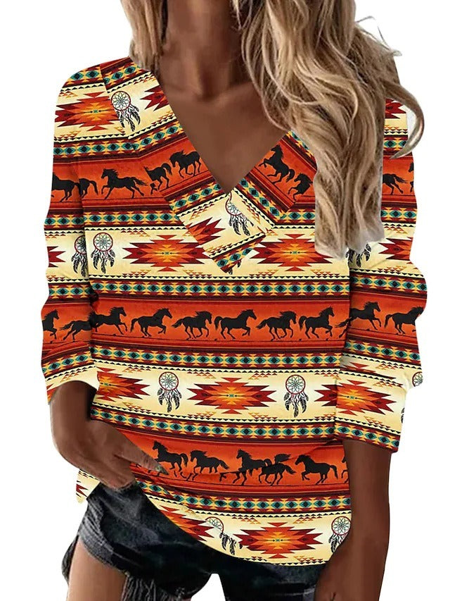 European and American Womens Retro Geometric Printing Ethnic Style V Neck Long Sleeved Loose T Shirt Top For Women