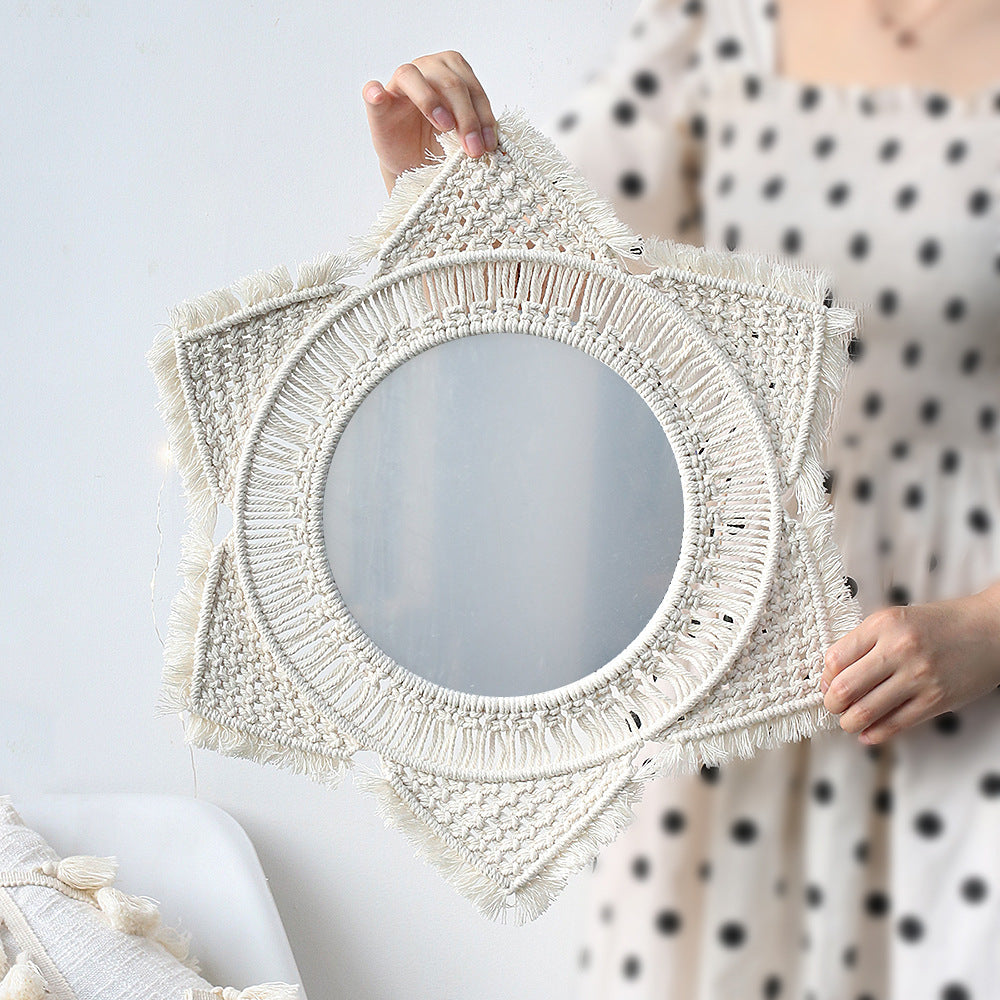 Ins Original Nordic Mirror Decoration Bohemian Weaving Handmade Cotton Thread Wood Bead Tapestry Mirror Bedroom
