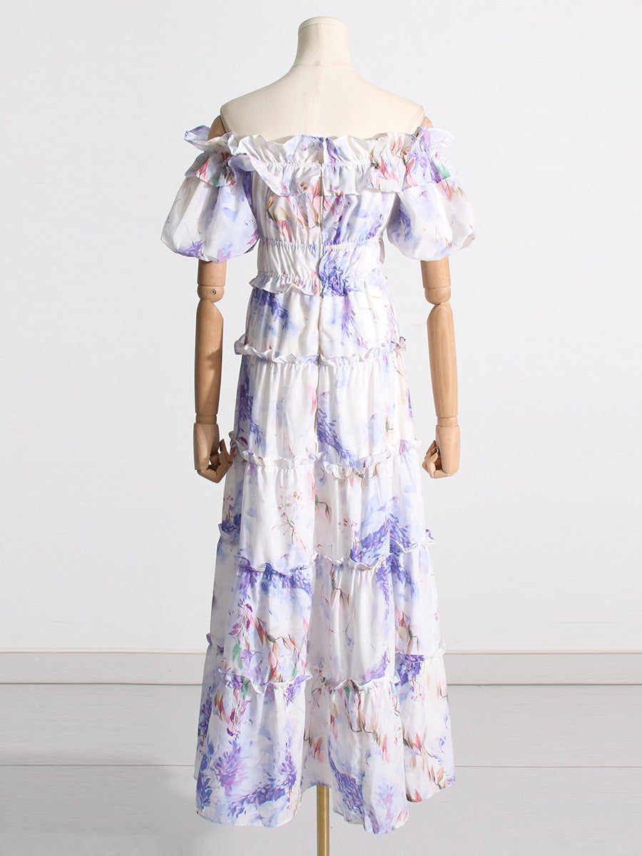 Hit Color Print Dresses For Women Slash Neck Short Sleeve High Waist Off Shoulder Dress