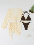 Long sleeved lace cardigan bikini four piece set