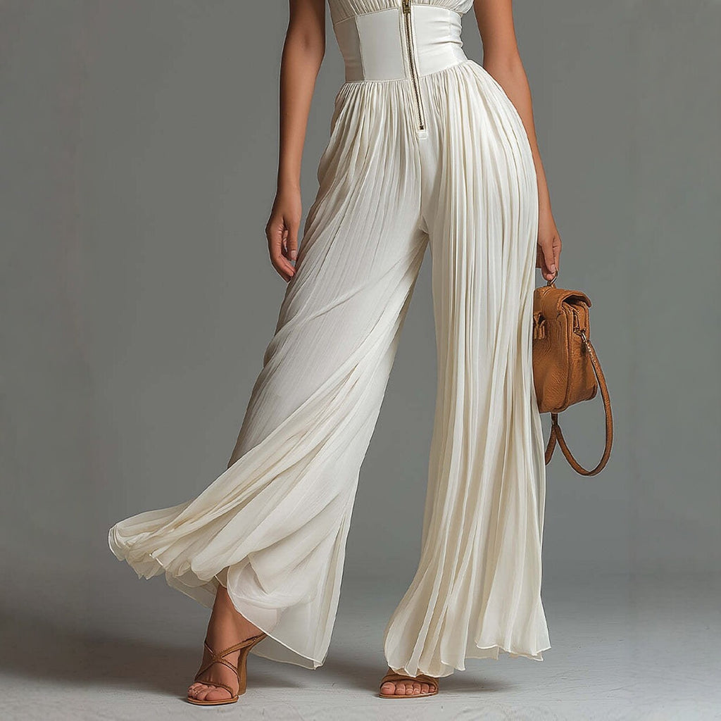Women’s Pleated Wide Leg Jumpsuit With Strap Neckline