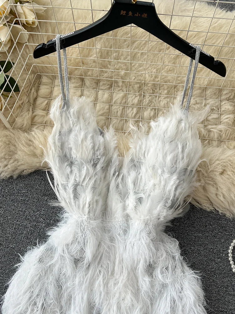 Fashion Sexy Design Feather Tassel Patchwork Suspended Dress Women's Sleeveless Party Dresses Female Autumn