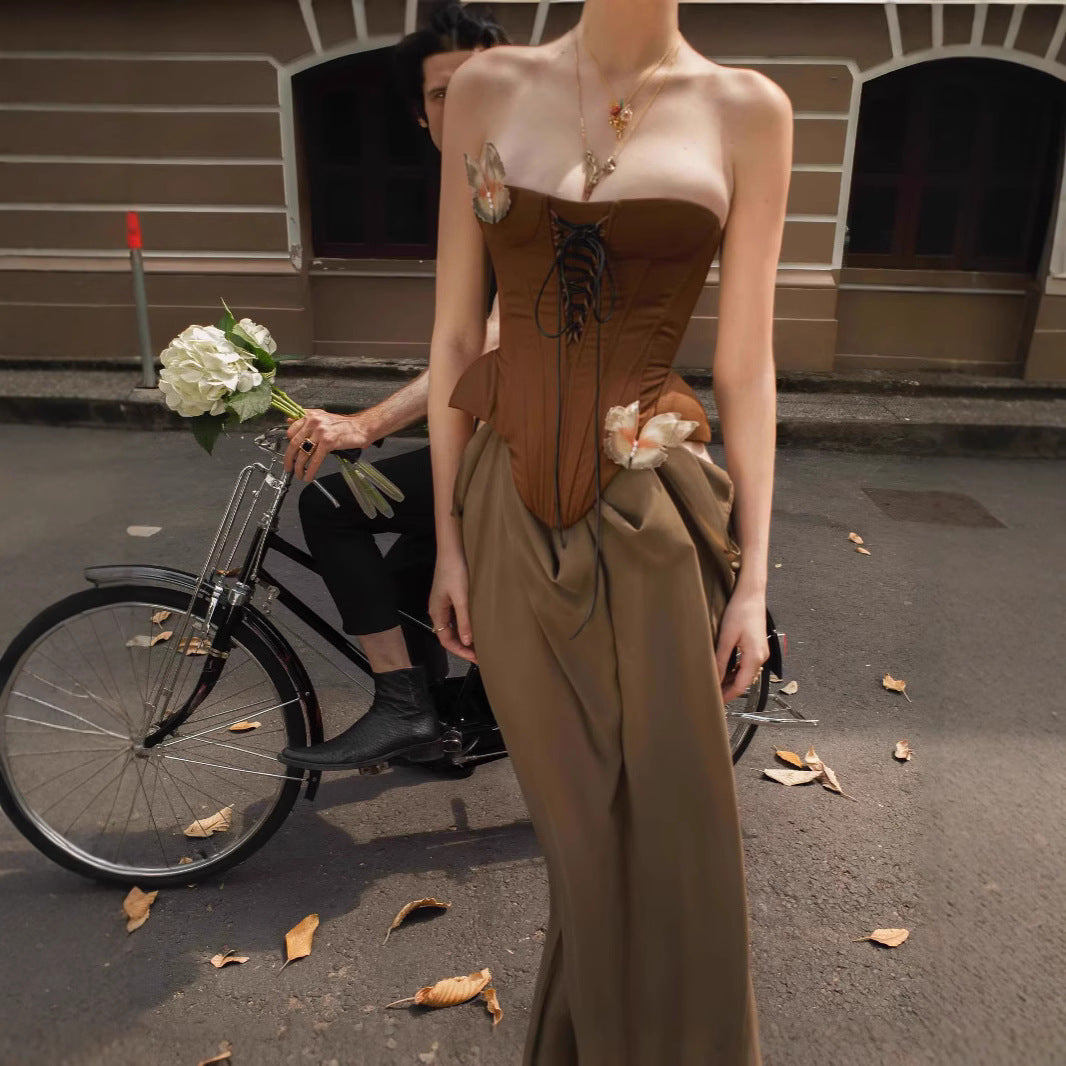 Vintage Retro Strapless Dress with Patchwork Design, Boho Chic Long Cocktail Dress for Women
