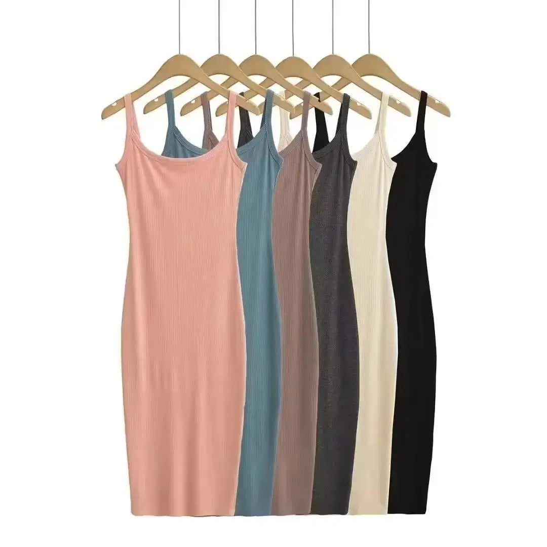 Summer Spaghetti Strap Knits Midi Dress Women Backless Split Slim Elastic 6 Colors Dresses