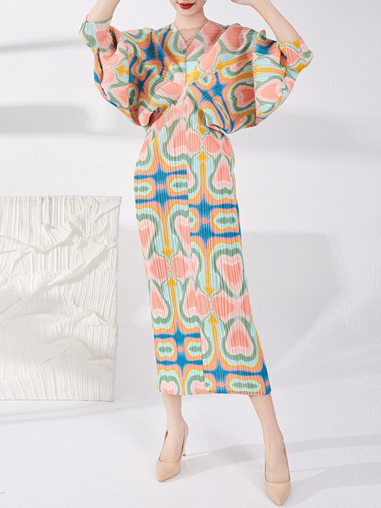 Spring New Pleated Dress Female Printed V Neck Batwing Sleeve Elegant Patry Evening Dresses For Women Clothing