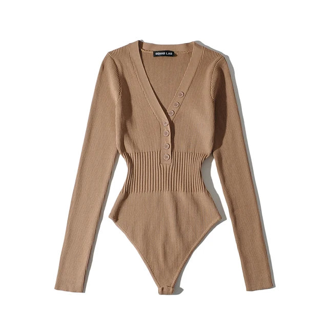 Women Long Sleeve V-neck Buttons Bodysuit Solid Color Elastic Slim Waist Jumpsuits Sexy Tops