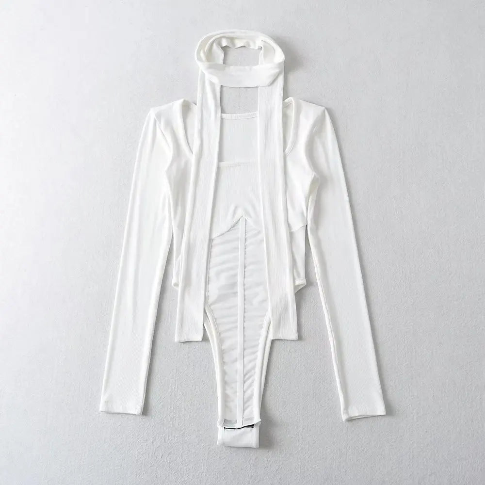Women Sexy Mesh Square Collar White Bodysuits Spliced Perspective Elastic Slim Jumpsuits With Scarf