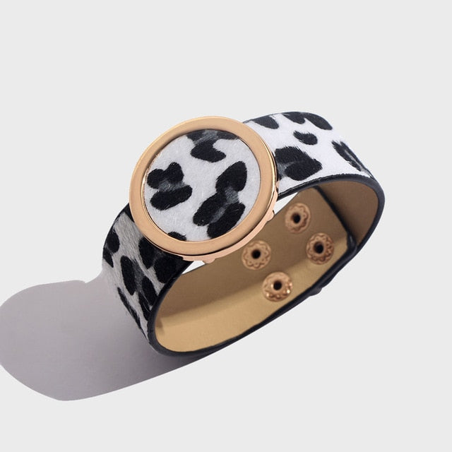 Leopard Bangle Bracelets For Women Boho Gold Color Button Vintage Leather Bracelet Punk Jewelry