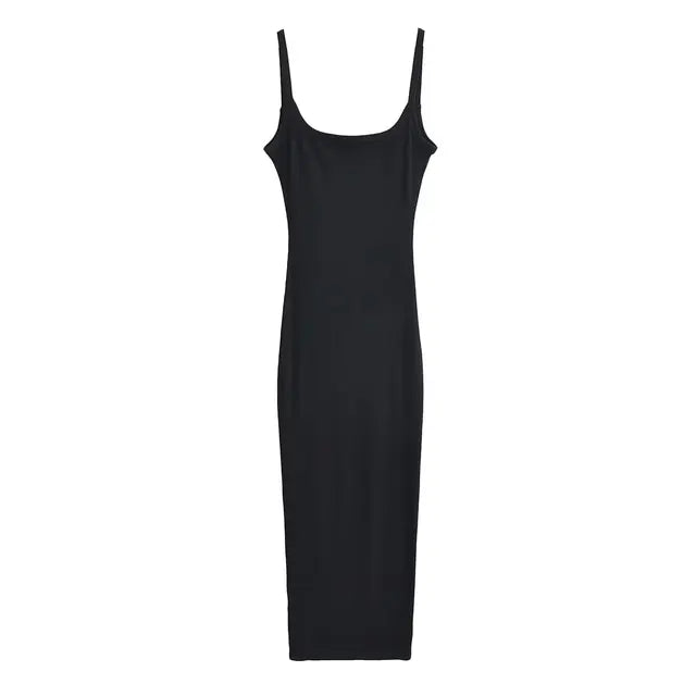Women Sexy Backless Midi Dress Summer Spaghetti Strap Solid Color Stretchable Slim Dresses