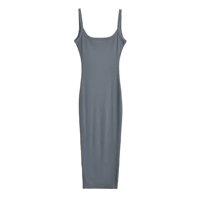 Women Sexy Backless Midi Dress Summer Spaghetti Strap Solid Color Stretchable Slim Dresses