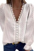 European and American Womens Solid Color V Neck Lace Embroidery Lace Long Sleeved Chiffon Shirt Solid Color Top for Women