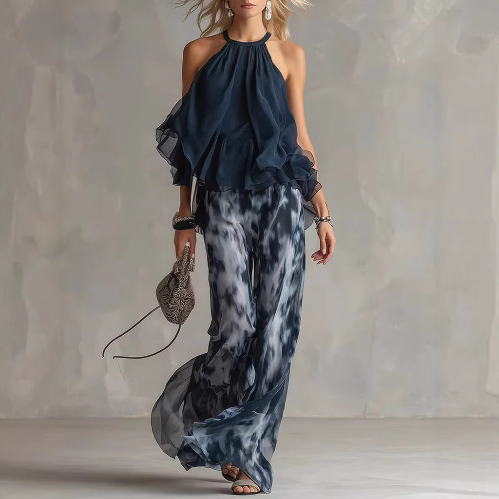 Sleeveless camisole collar top and printed wide leg pants chiffon set