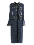 Office Lady Women's Dresses Lapel Spliced Pockets Long Sleeve High Waist Single Breasted Elegant Dress Autumn