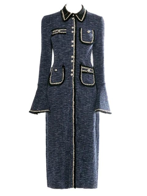 Office Lady Women's Dresses Lapel Spliced Pockets Long Sleeve High Waist Single Breasted Elegant Dress Autumn