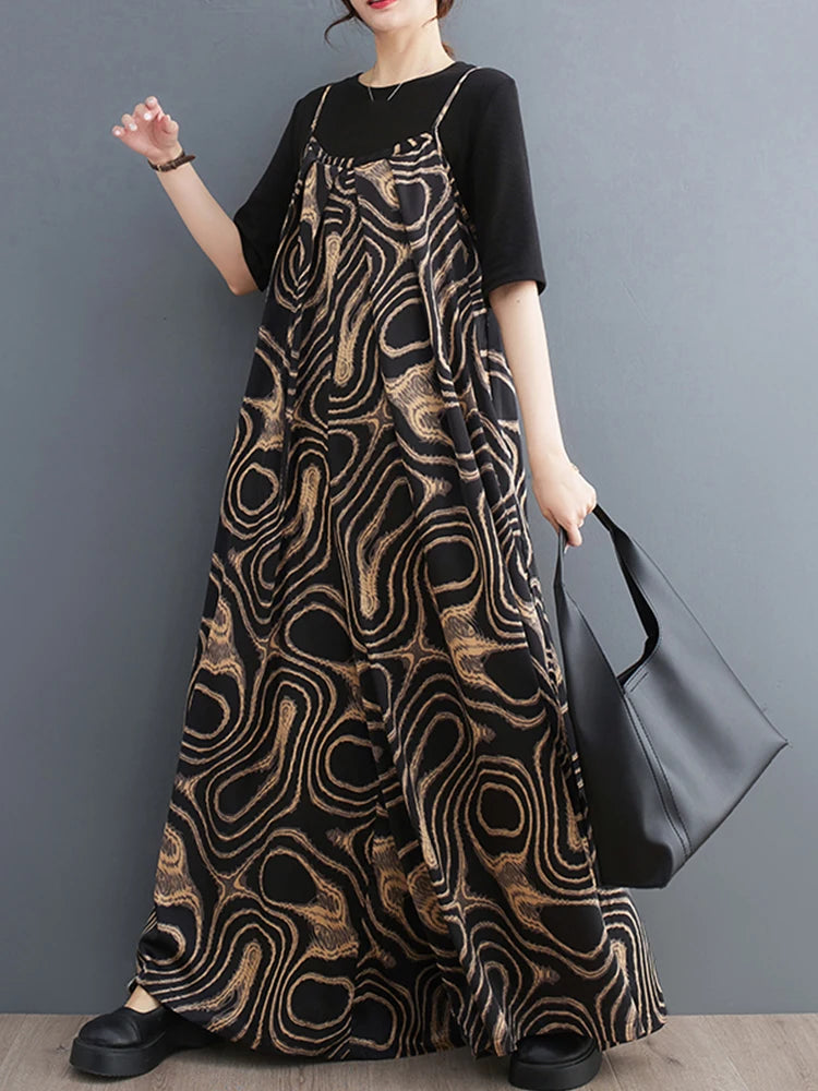 Vintage Jumpsuits Fashion Loose All Match Casual Print  Summer Women New Arrival Sling Appear Thin