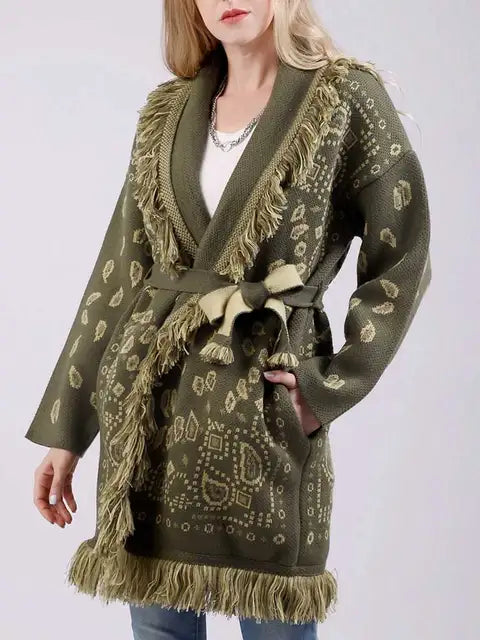 Oversized Jacquard Cardigan fringe hem belt tied cardigan women new autumn winter warm boho cardigan sweater coat
