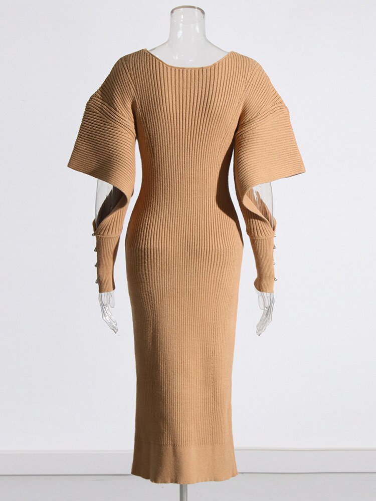 Hollow Out Knitted Dress For Women V Neck Long Sleeve Solid Color 2023 Autumn New Pullover Dresses
