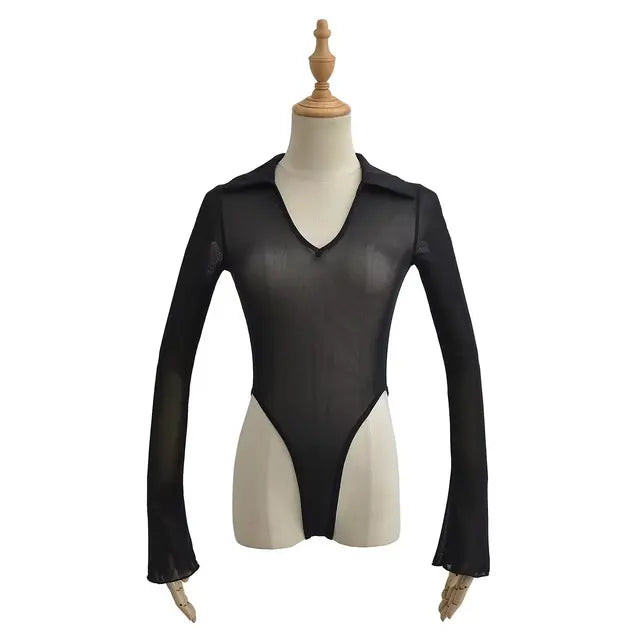 Women Sexy Mesh Flare Sleeve Black Bodysuits Perspective Elastic Slim Jumpsuits
