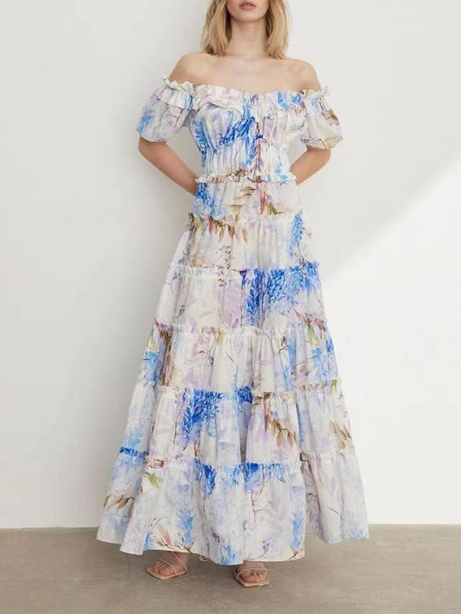 Hit Color Print Dresses For Women Slash Neck Short Sleeve High Waist Off Shoulder Dress