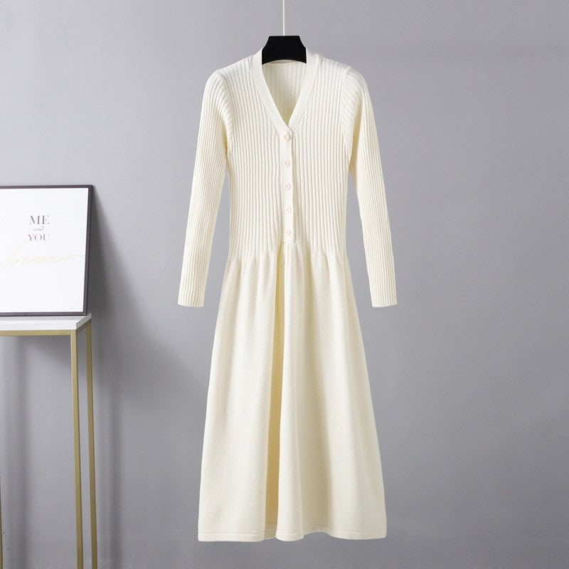 Winter Long Knit V Neck Women A Line Sweater Dress Single Breasted Pleated Dresses Christmas Party Holidays Dresses