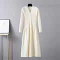 Winter Long Knit V Neck Women A Line Sweater Dress Single Breasted Pleated Dresses Christmas Party Holidays Dresses