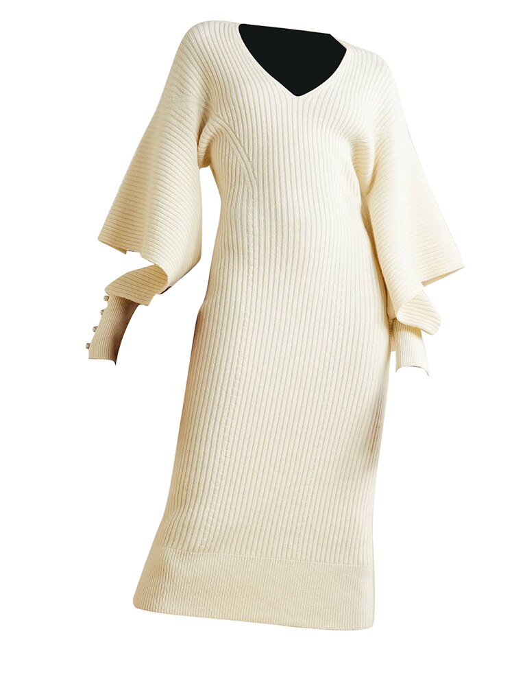 Hollow Out Knitted Dress For Women V Neck Long Sleeve Solid Color 2023 Autumn New Pullover Dresses