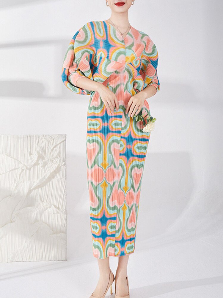 Spring New Pleated Dress Female Printed V Neck Batwing Sleeve Elegant Patry Evening Dresses For Women Clothing