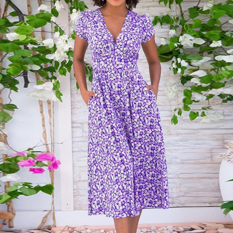 Printed Pocket Boho V-Neck Dress