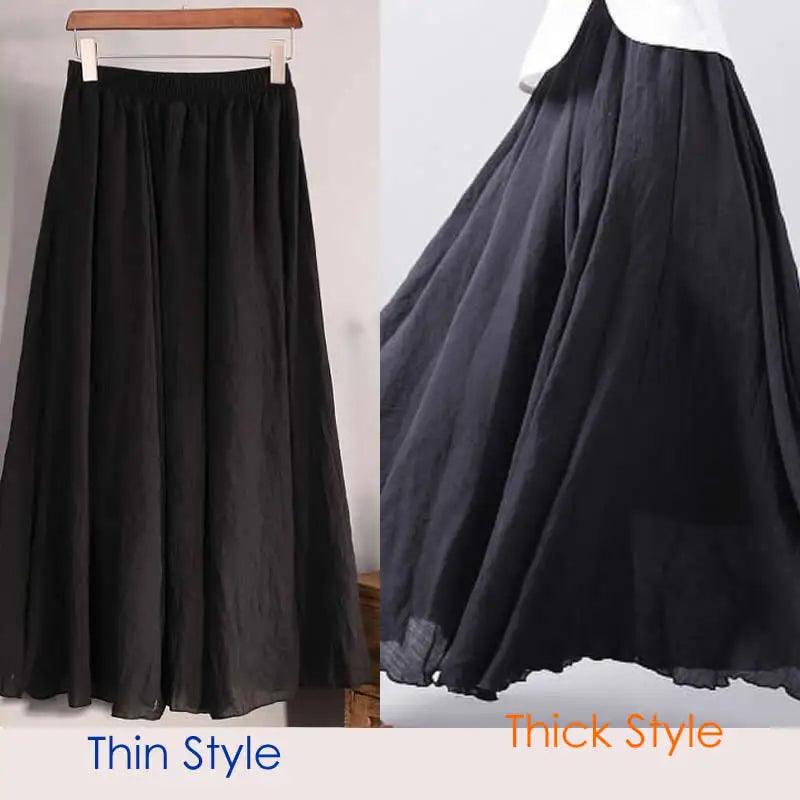 Cotton Linen Maxi Skirt Women Spring Summer Elastic Waist Vintage Solid Pleated Long Skirts Mori Girl Boho Beach Skirt