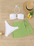 Solid color split neck skirt bikini