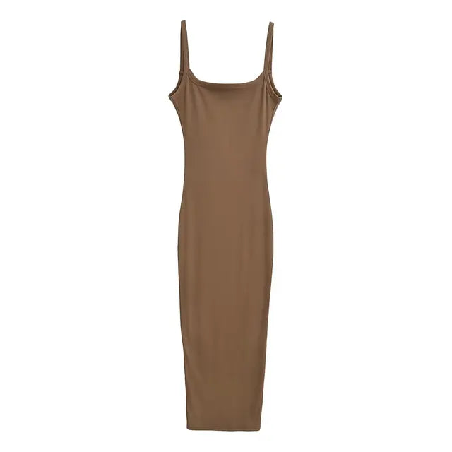 Women Sexy Backless Midi Dress Summer Spaghetti Strap Solid Color Stretchable Slim Dresses