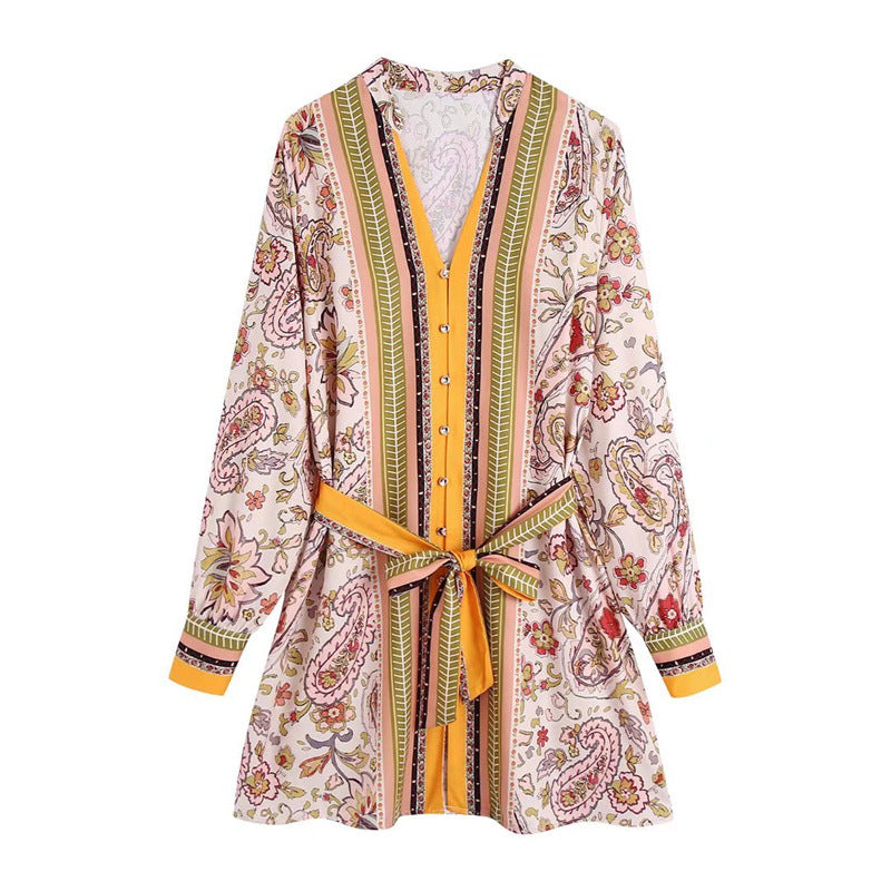 Women Dress Traf Fashion Print V-neck With Belt Party Elegant Dresses Vintage Long Sleeve Female Causal Dresses