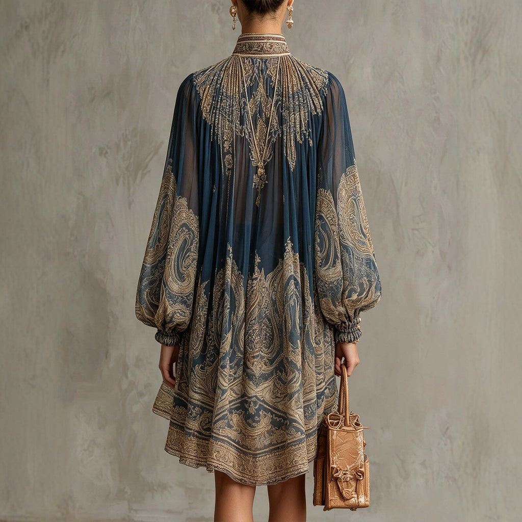 Boho Chiffon Long Sleeve High Neck Mini Dress