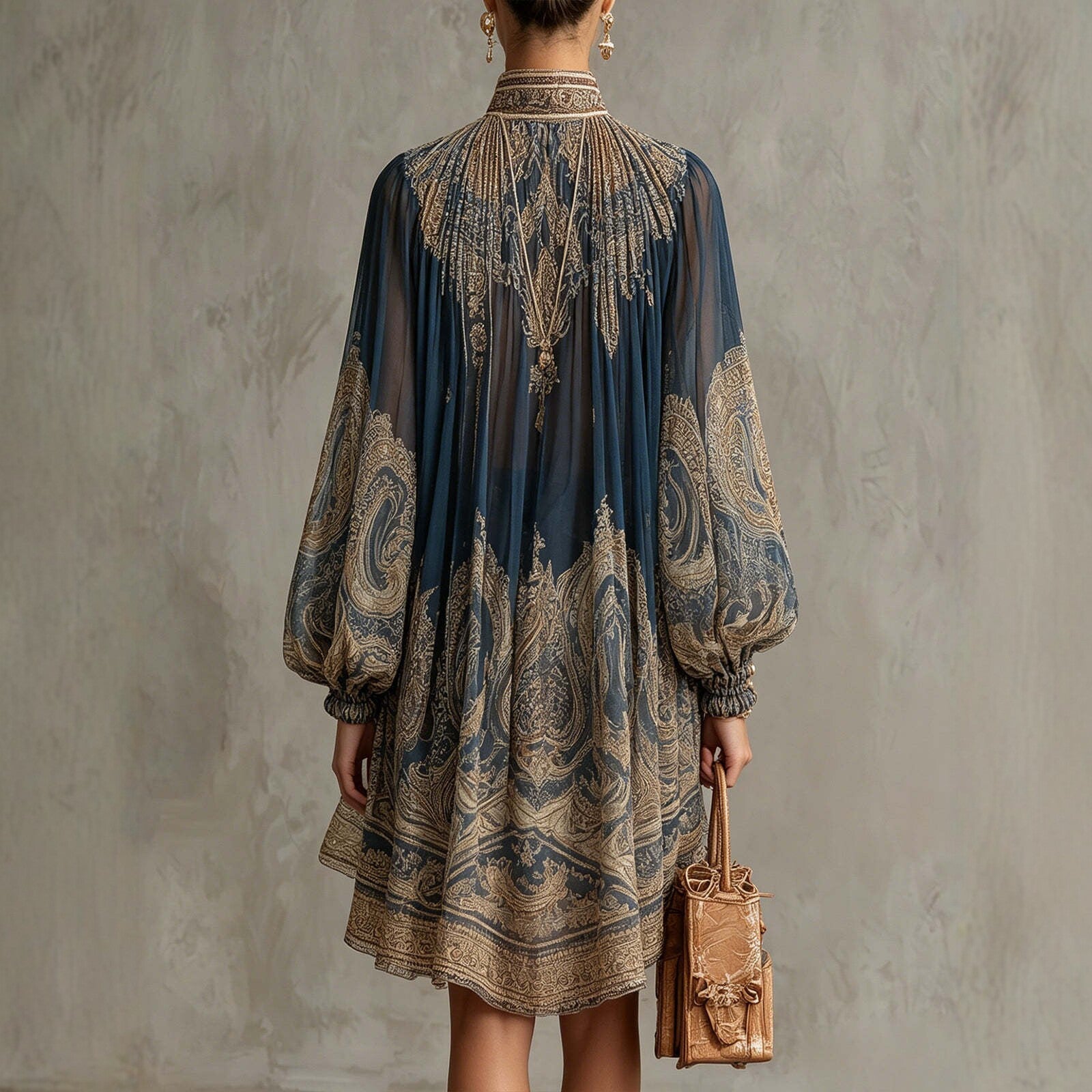 Boho Chiffon Long Sleeve High Neck Mini Dress