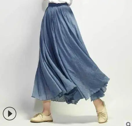 Cotton Linen Maxi Skirt Women Spring Summer Elastic Waist Vintage Solid Pleated Long Skirts Mori Girl Boho Beach Skirt